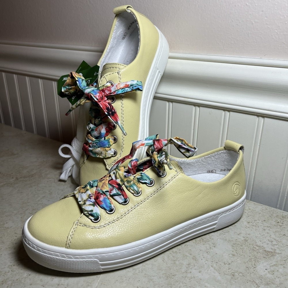 Remonte Lite 'n Soft Butter Yellow Leather Sneakers Floral Laces Size 36 6 NWT